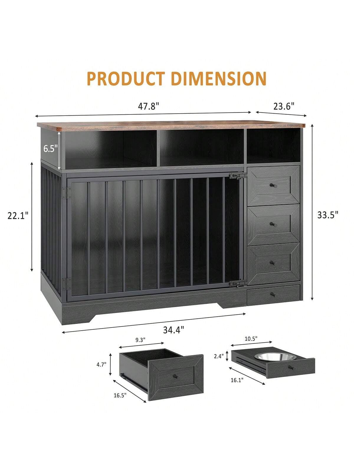 Studyset 48 Inch Dog Crate Furniture,Wooden Dog Kennel Indoor with Dog Bowl & Storage Drawers,Modern Pet Cage Side End Table,Heavy Duty Pet Crate Table for Medium Small Dogs for Living Room,Entryway