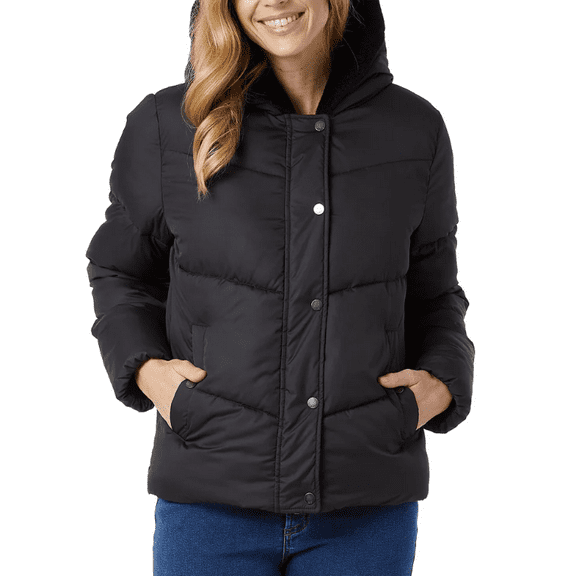 32 Degrees Women’s Quilted Jacket with Plush Lined Hood Black XS
