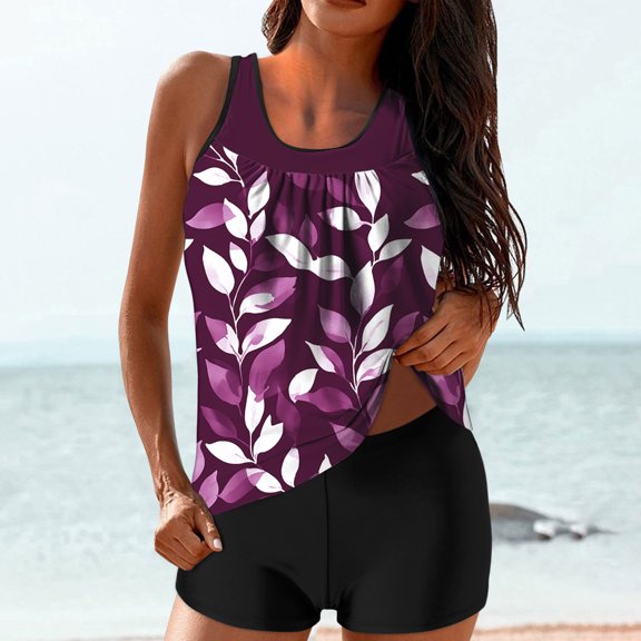 Karight Womens Tankini Swimsuits Two Piece Athletic Mesh Bathing Suits Blouson Tank Tops with Board Shorts