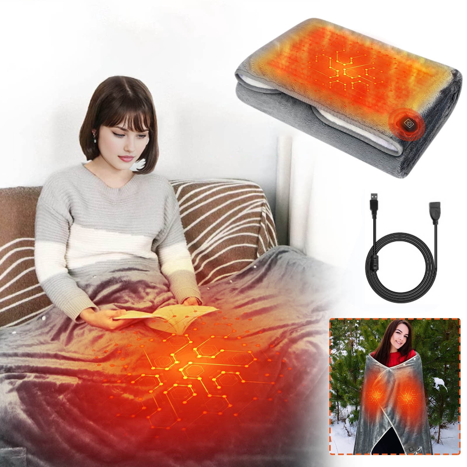 USB Heating Blanket Low Voltage Portable Outdoor Camping Shawl Heated Throw with Adjustable Temperature Multi-Gear Control for Travel and Home Use