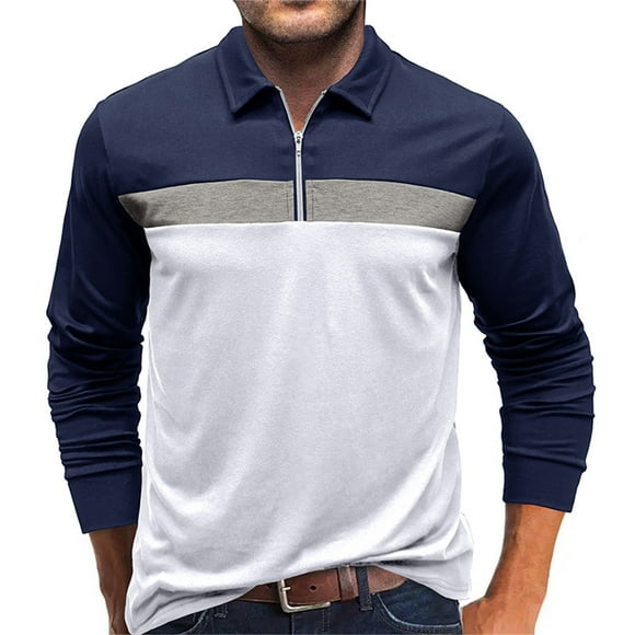 Aqestyerly Men Long tops Men'S Contrast Color top Slim Long Sleeve Zipper Standing Neck Casual Sports Home T-Shirt top Blouse