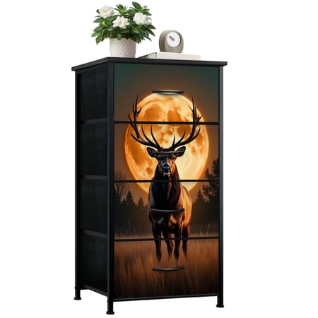 Rustic Dresser for Bedroom with 4 Storage Drawers Majestic Elk Silhouette Against Full Moon Tranquil Dressers Chest of Drawers Steel Framed Fabric Closet Organizers for Dorm Entryway