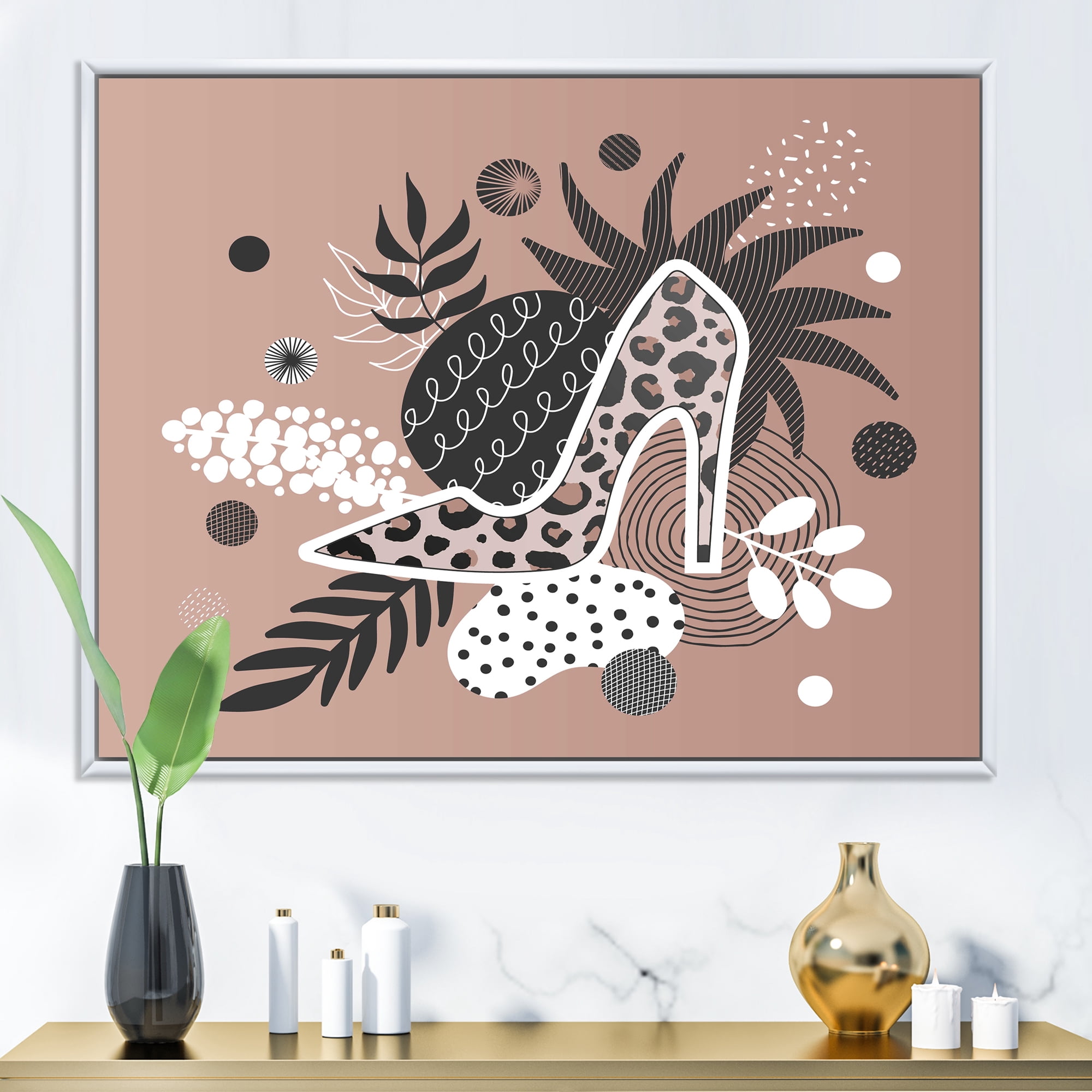 Designart 'Leopard High-Heeled Shoes On Tropical Leaves' Modern Framed Canvas Wall Art Print