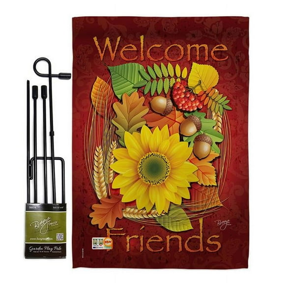Breeze Decor BD-HA-GS-113040-IP-BO-D-US12-BD 13 x 18.5 in. Welcome Friends Fall Harvest & Autumn Vertical Double Sided Mini Garden Flag Set with Banner Pole