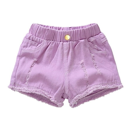 

XYIJANI Girls Kids Denim Short with Pocket Girls Stretch Jean Shorts Solid Color High Waist Ripped Jeans Distressed High-Waisted Shorts (Purple 110)