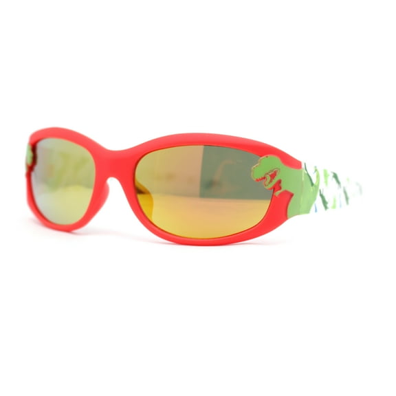 Boys Color Mirror T-Rex Dinosaur Print Arm Oval Sport Sunglasses Red - Orange Mirror