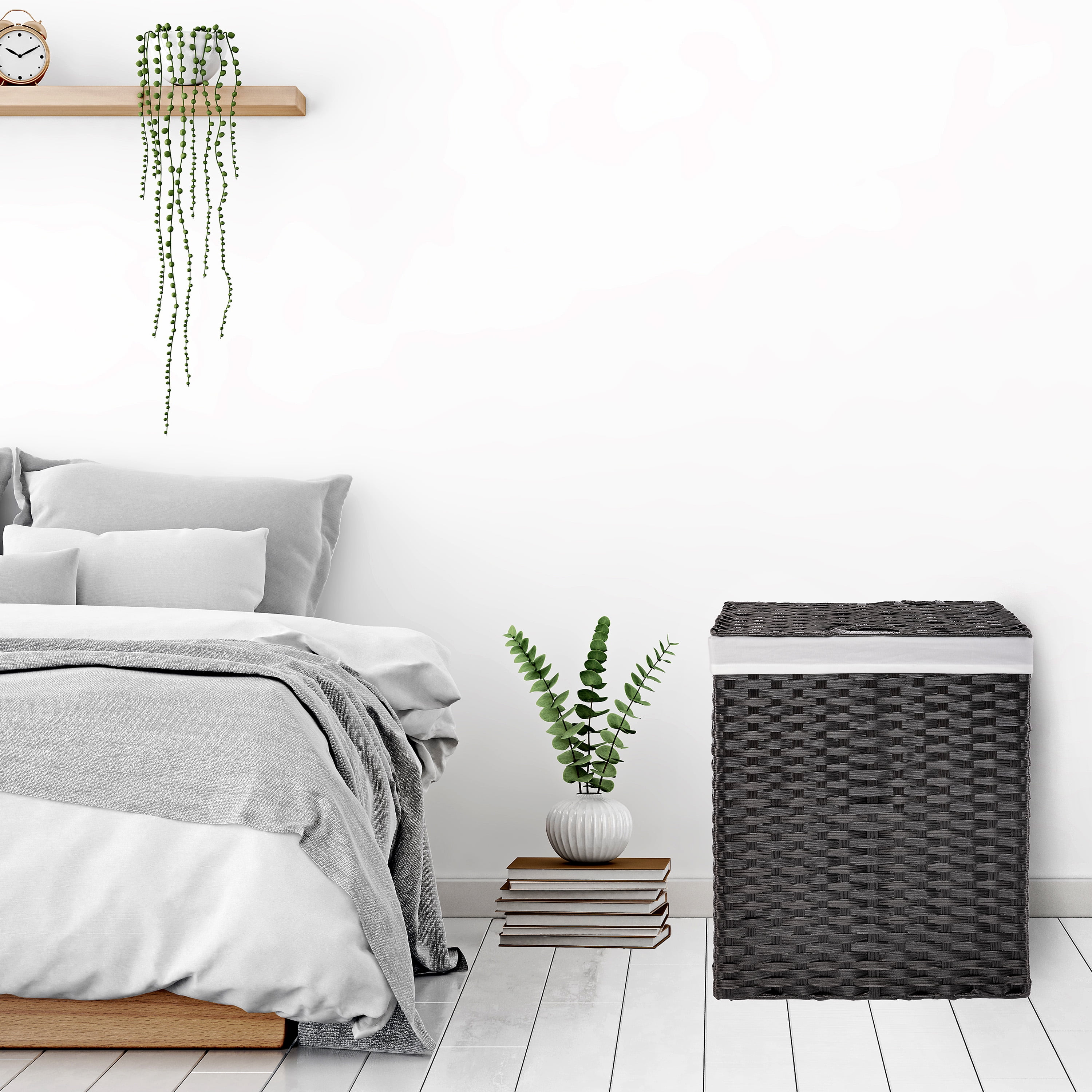 Seville Classics Premium Handwoven Portable Laundry Bin Basket with Carrying Handles, Household Storage for Clothes, Linens, Sheets, Toys, Black, Rectangular Hamper