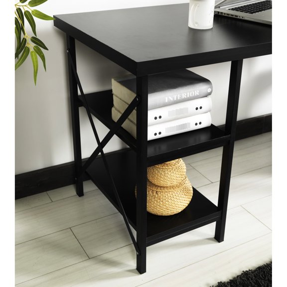 60" Wide Desk For Home Office Writing And Computer Work, 4 Shelves With Solid Wood Top Black Metal Frame Office, Extra