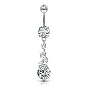 MoBody 14G Gemmed Leafs with Large Round CZ Dangle Belly Button Ring Surgical Steel Curved Navel Piercing Barbell (Silver-Tone)