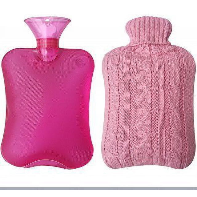Bolsa de agua caliente de goma con tapa tejida, bolsa de agua caliente transparente de 2 litros - rosa