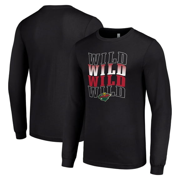 Men's Starter Black Minnesota Wild Four Team Name Logo Long Sleeve Graphic T-Shirt