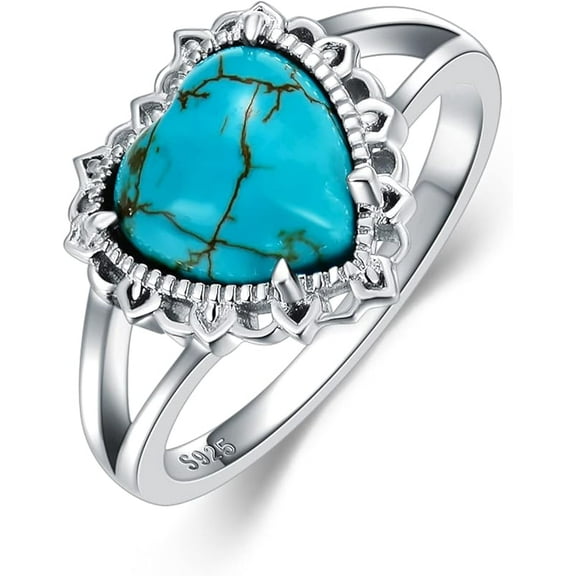 Natural Turquoise Rings for Women 925 Sterling Silver Heart Shape Genuine Gemstone Ring Western Jewelry Gifts for Wife Mom Size 4 to 11