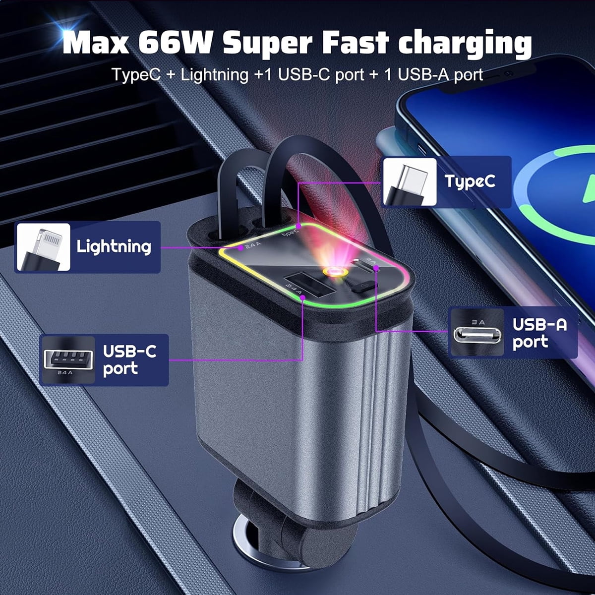 4 in 1 Retractable Car Charger with Projection Star Light, Car Accessories, 2 Fast Charging cables&Dual Charge Port Compatible with iPhone/iPad/AirPods, Samsung Series, Electronic Retract