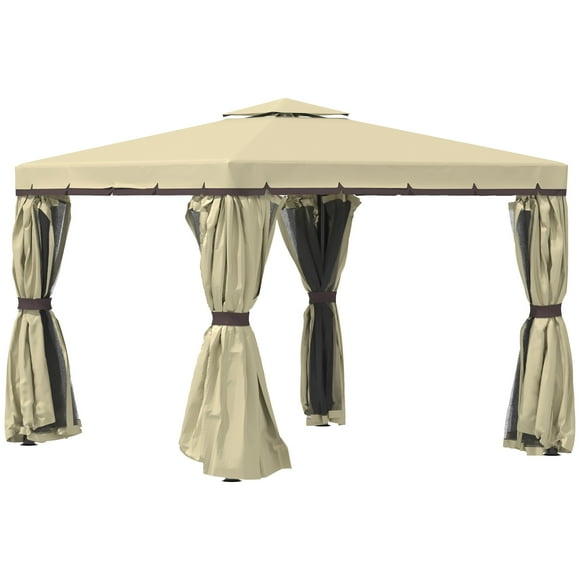 Outsunny 10' x 10' 2-Tier Patio Gazebo with Mesh Sidewalls, Beige