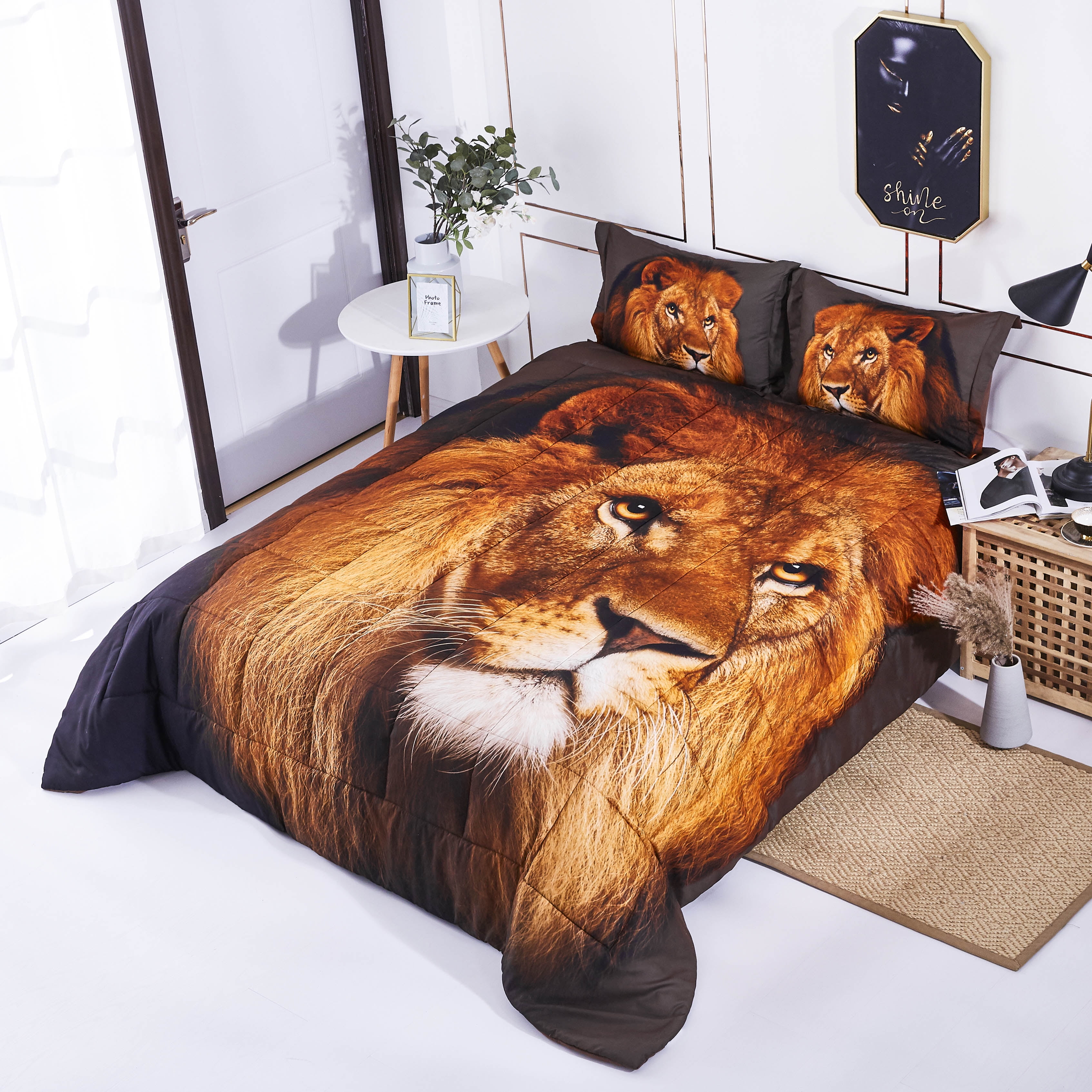 Reactive 3D Bedding Set 3 Piece Queen Size Lion Head Animal Print Comforter  Set with Two matching Pillow Covers -Box Stitched Quilted Duvet  Set(P27,Queen) 