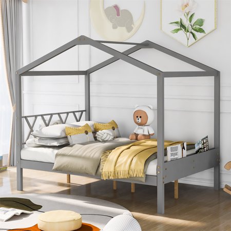 Full Size Wooden House Bed with Storage Space  Low Loft Bed Frame with Roof for Kids Toddlers Boys or Girls  Bedroom Furniture  Platform Bed for Guest Room  No Box Spring Needed  Gray