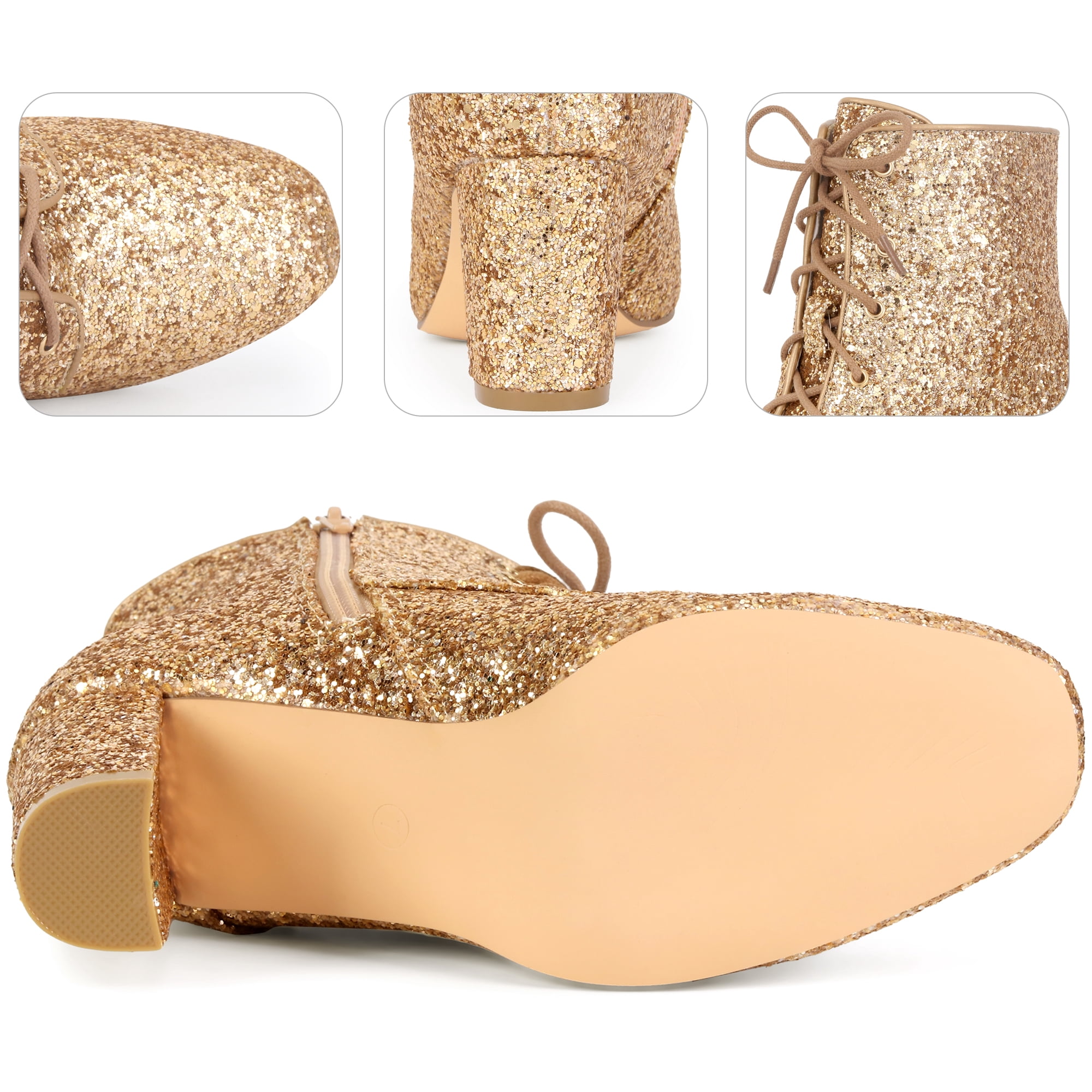 DARING DIVA Women's Square Toe Glitter Block Heels Ankle Boots Rose Gold 8