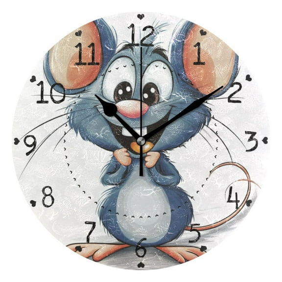 Cartoon Style Cute Mouse Round Wall Clock Silent Battery Operated Home Decor for Living Room Bedroom