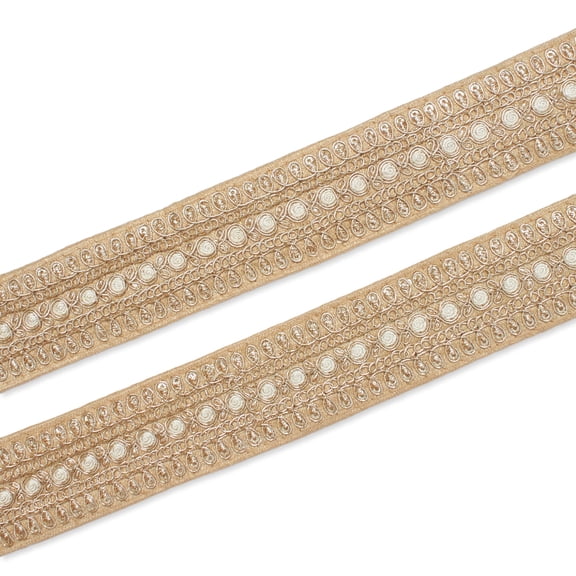 Metallic Woven Trim 1.5 in. Shiny Two Tone Medium Weight Floral Corded Sewing Upholstery Polyester - Beige (1 Pack, 9.8 Yards)
