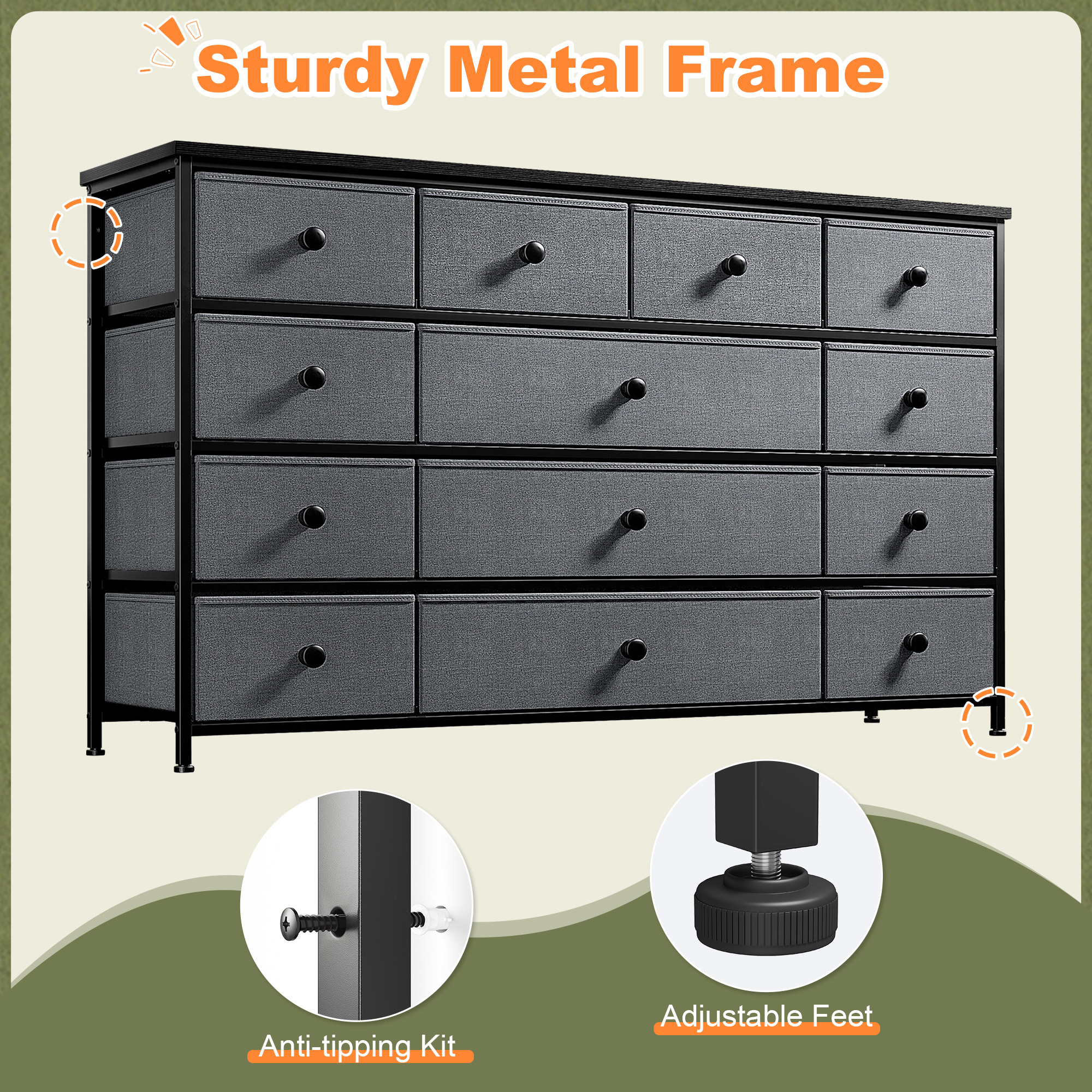 Romorgniz Dresser TV Stand, 13 Drawer Dressers for Bedroom, Chest of Drawers for 45" Long TV, Fabric Dresser for Storage, Gray