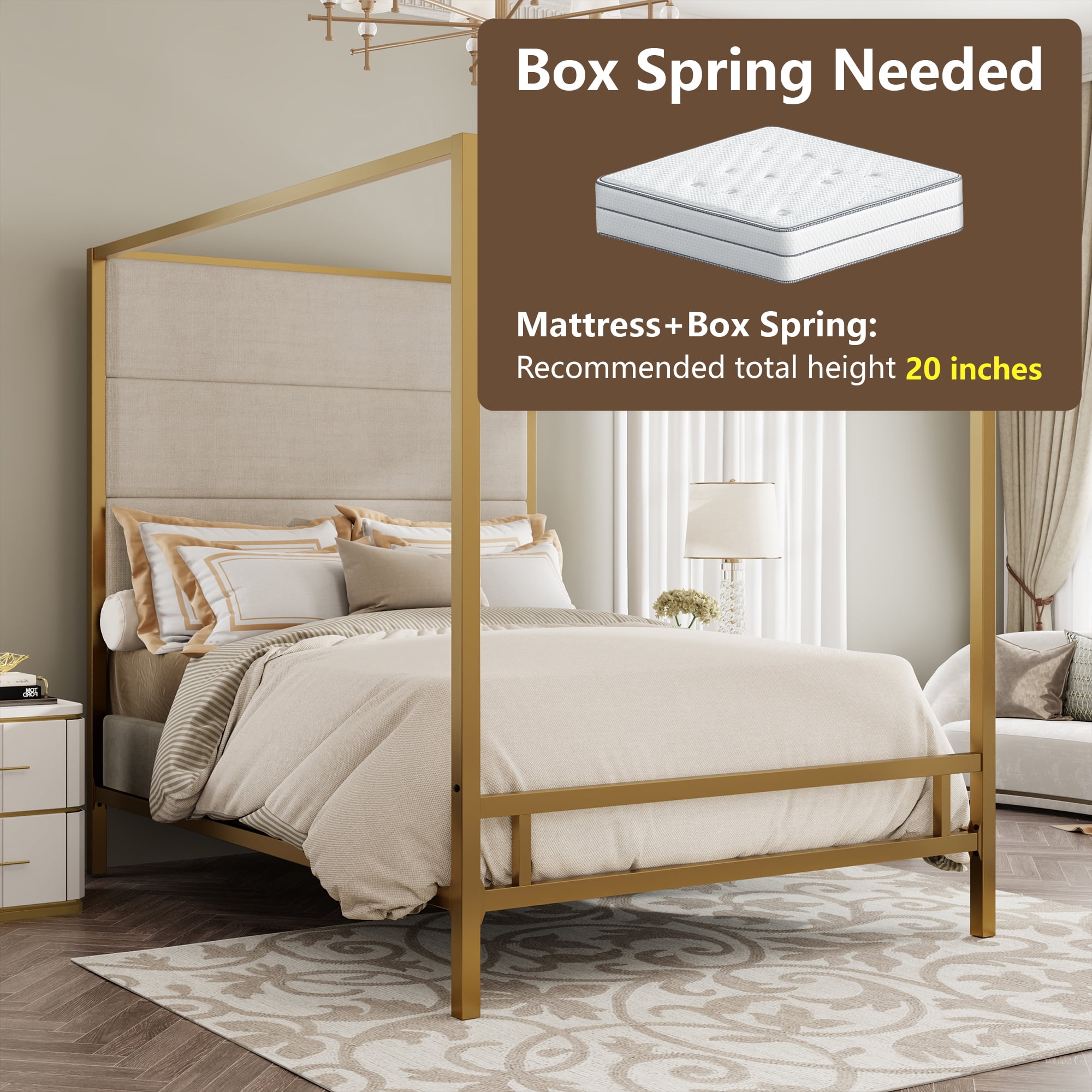 Euroco Cama con Dosel de Metal Tamaño Queen con Cabecera Tapizada, Dorado