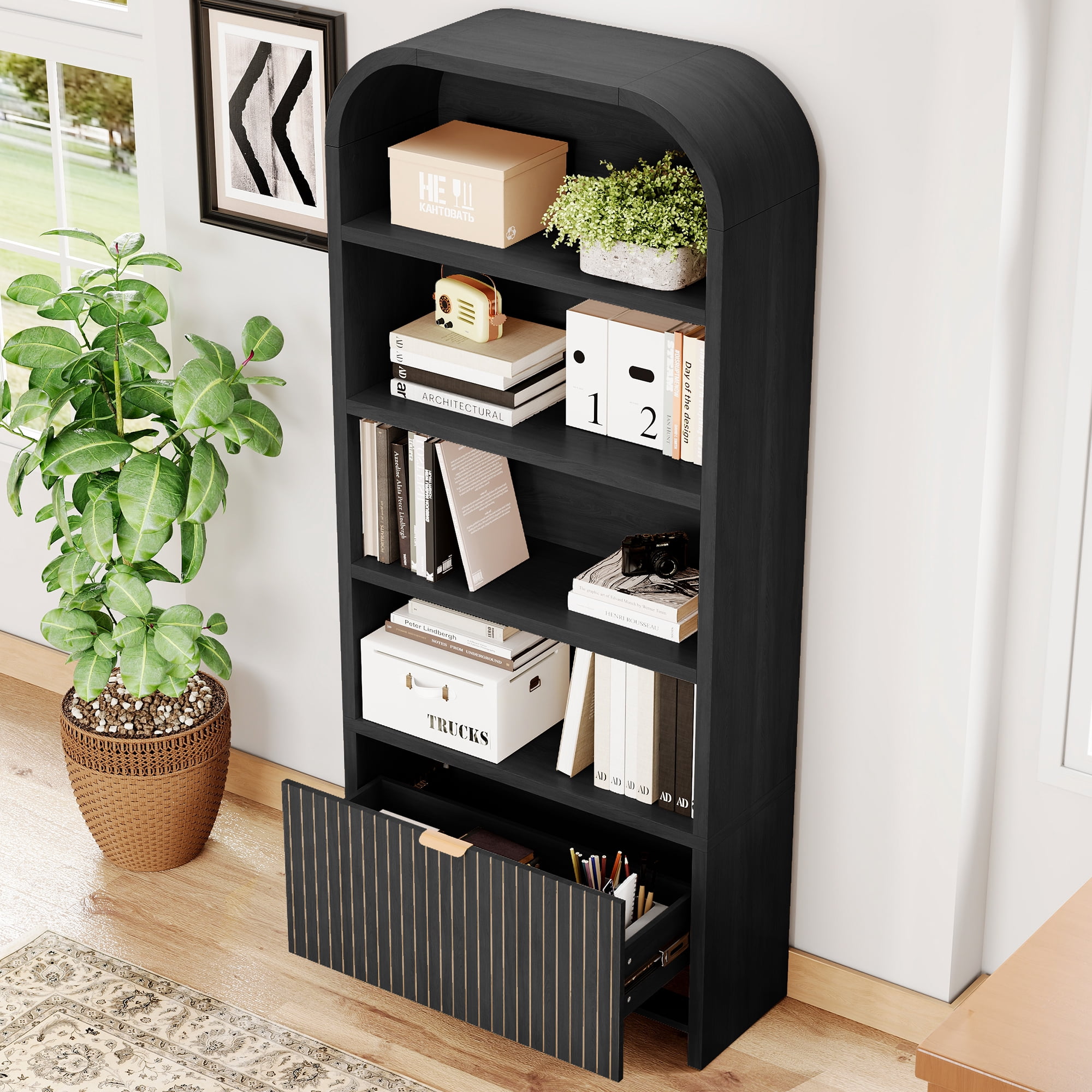 YOCWO 70" Tall Arched Bookcases with 1 Large Drawers & 4 Shelves, Wooden Bookshelf with Carved Line and Curved Top for Living Room Office, Black