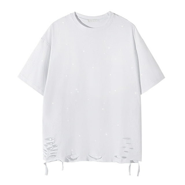 LSLJS Men Casual Fashion Crew Neck Pullover Top Blouse Short Sleeve Solid Color Ripped T-shirt, Mens Shirts Summer Clothes