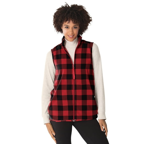 Woman Within Women's Plus Size Zip-Front Microfleece Vest - 1X, Classic Red Buffalo Plaid Black