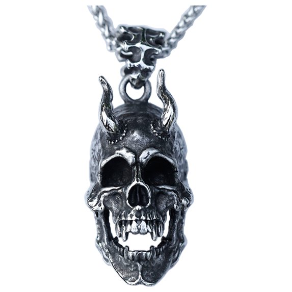 ZMY Home Skull Necklace Stainless Steel Gothic Jewelry Punk Cool Devil Horned Demon Pendant Necklaces