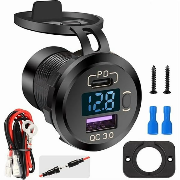Quick Charge 3.0 Dual USB Car Charger Socket with LED Voltmeter and ON Off Switch Fused Wire Kit 12V/24V PD QC3.0 Fast Charge USB Outlet for Car Boat Marine RV Truck Golf