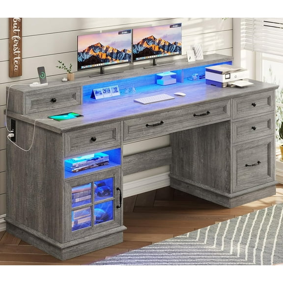 BTHFST Farmhouse Executive Desk with File Drawer, Computer Desk with Charging Station & LED Lights, Home Office Desk with Drawers & Storage Cabinet, Executive Office Desk with Monitor Stand, Grey