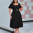 thumbnail image 2 of AURA Womens Square Neck High Waist A Line Midi Dress With Belt Flare Short Sleeves Solid Color, 2 of 9