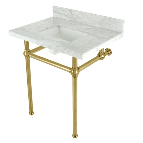 Kingston Brass KVBH3022M8SQ7 Templeton 30-Inch Carrara Marble Console Sink with Brass Legs (8-Inch, 3-Hole) in Carrara Marble White/Brushed Brass