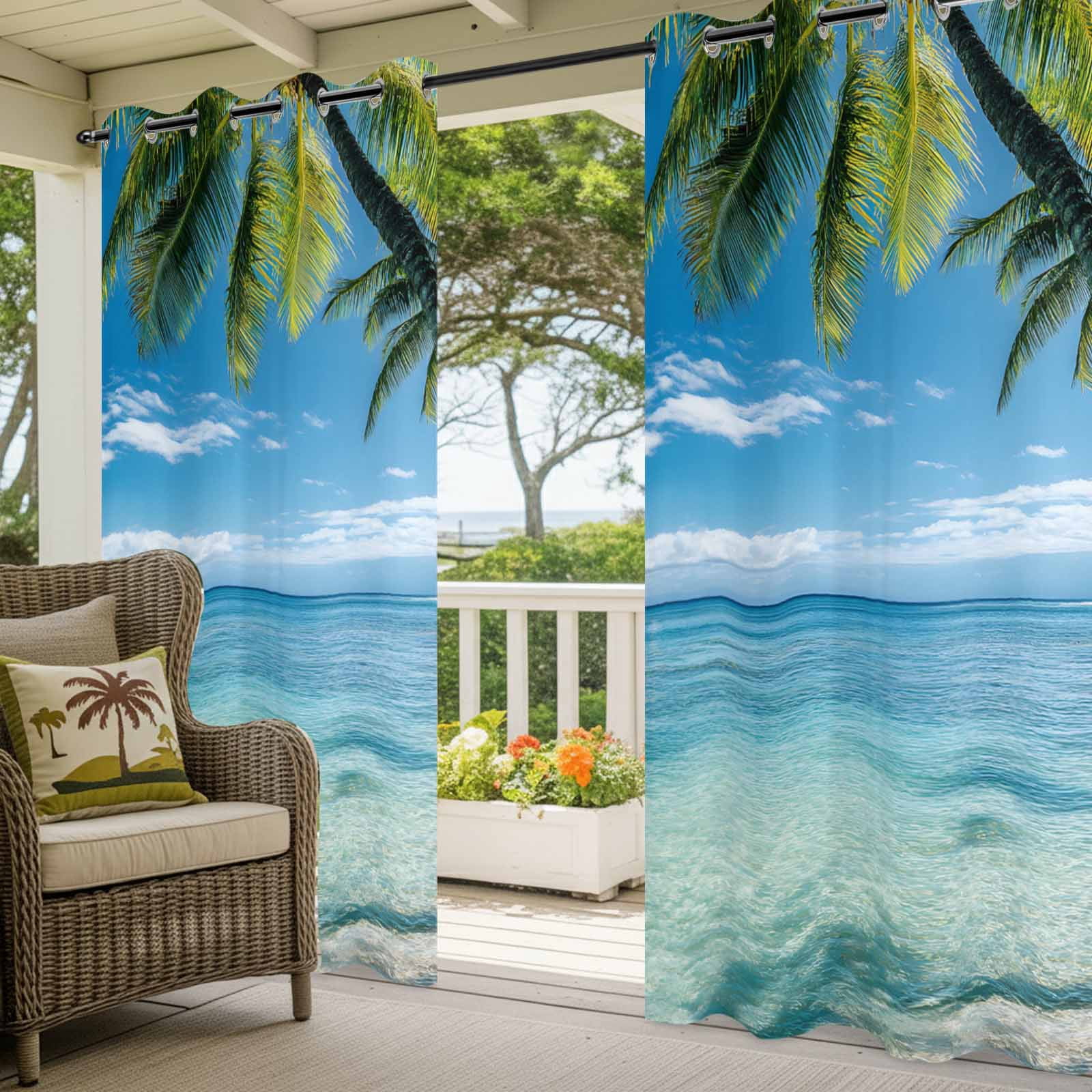 Summer Beach Landscape Outdoor Curtains for Patio, Coastal Ocean Palm Tree Blue Cloud Sky Wave Waterproof Outside Curtains Privacy Blackout Curtain for Porch Pergola Cabana, 2 Panel 54W x 84L Inch