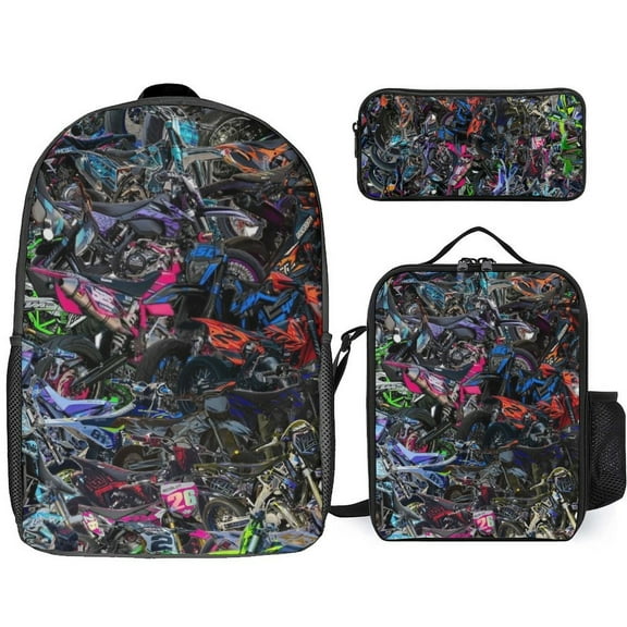3PCS Backpack Set with Lunch Bag Pencil Case Dirt Bike Motorcycle Race Bookbags Knapsack Daypack Outdoor for Men Women