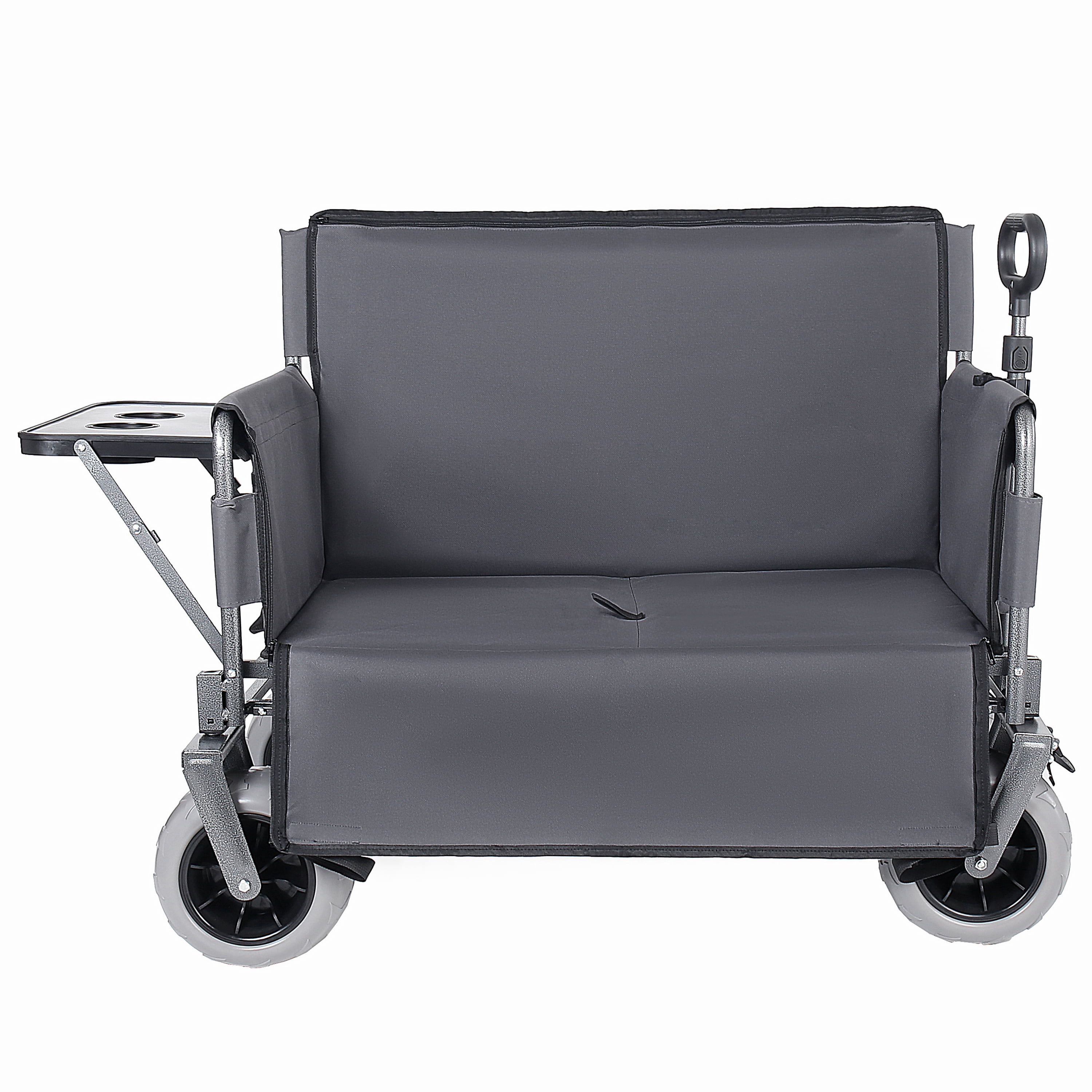 3-in-1 Collapsible Folding Wagon Cart Gray, Convertible Bench with Rear Folding Tabletop & Cup Holders, 180L Large Capacity, 360°Swivel All-Terrain Wheels for Camping, Beach, Garden, Fishing