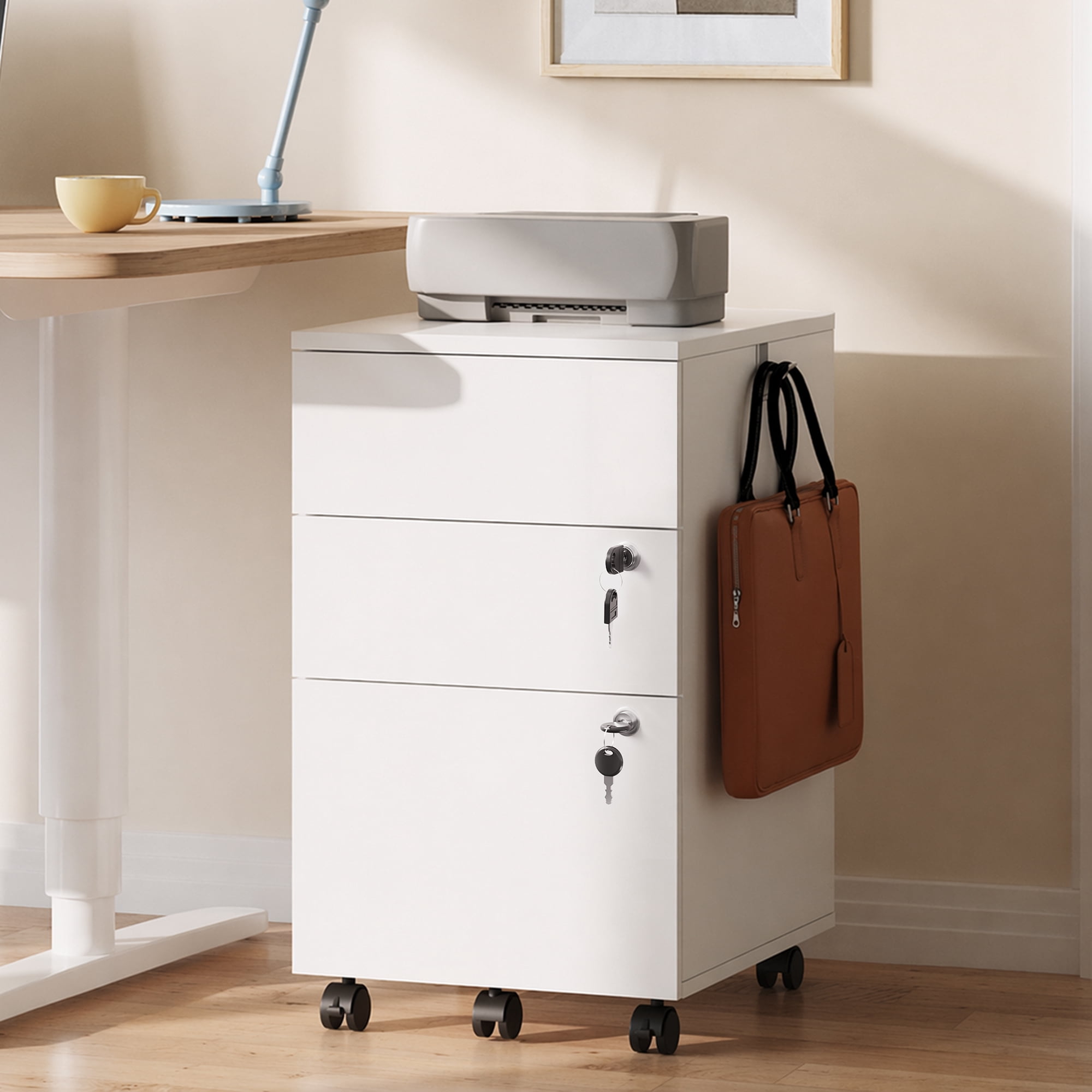 GALAXHERO 3 Drawers Storage Cabinet with Lock, Rolling Wood File Cabinet, Vertical Filing Cabinet for Home Office, Fits Letter/A4, White