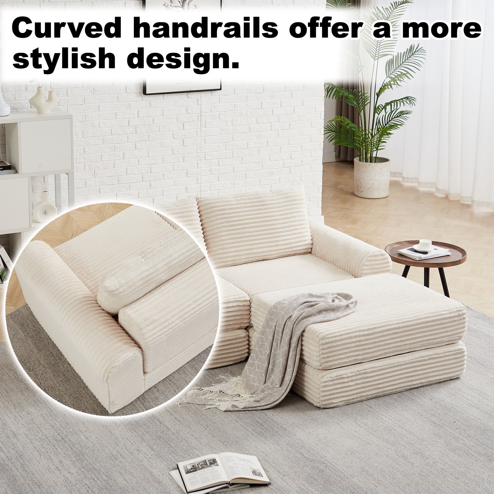 2-in-1 Corduroy Convertible Sleeper Sofa Bed with with Two Throw Pillows & Curved Lines for Living Room,Easy Assembly,Beige