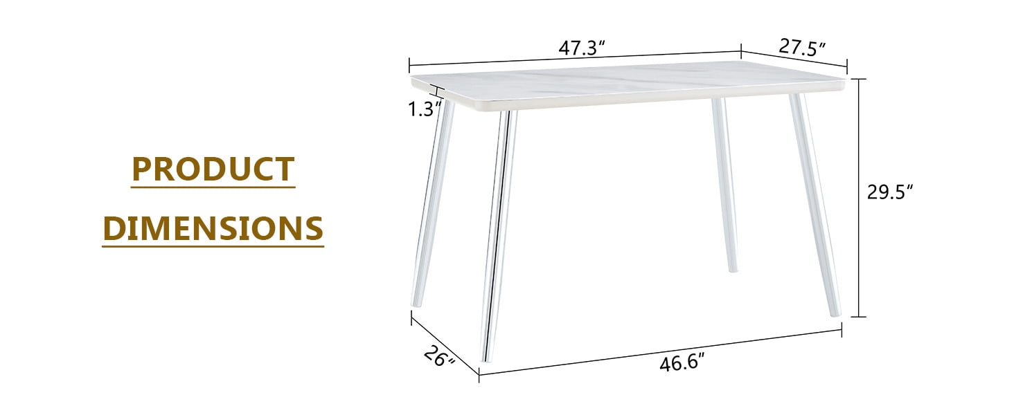 Mintazer 47.3 Inch Modern White Marble Vein Rectangular Dining Table with Tempered Glass Top, Minimalist Kitchen Table for 4-6 People, White & Silver