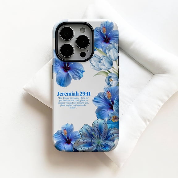 Blue Floral Jeremiah 29:11 Tough Case for Apple iPhone, Dual-Layer Polycarbonate TPU Protective Phone Cover