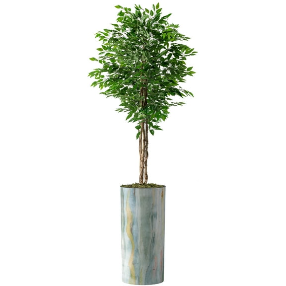 Artificial Tree in Modern Planter, Fake Ficus Silk Tree for Indoor and Outdoor Home Decoration - 75" Overall Tall (Plant Pot Plus Tree)