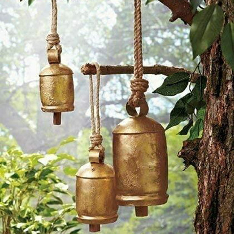 HIGHBIX Harmony 4 Cow Bells Cluster on Rope Large Rustic Vintage Lucky Cow  Bells On Rope Wall Hanging Décor (Gold)