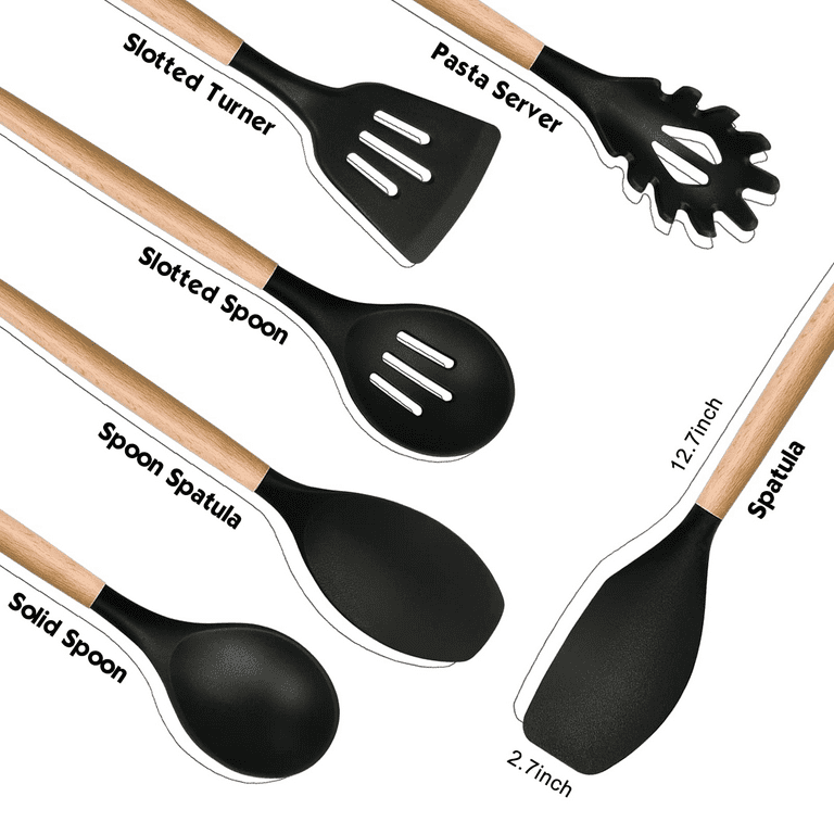 Rustic Black Silicone Baking Utensils with Wooden Handles