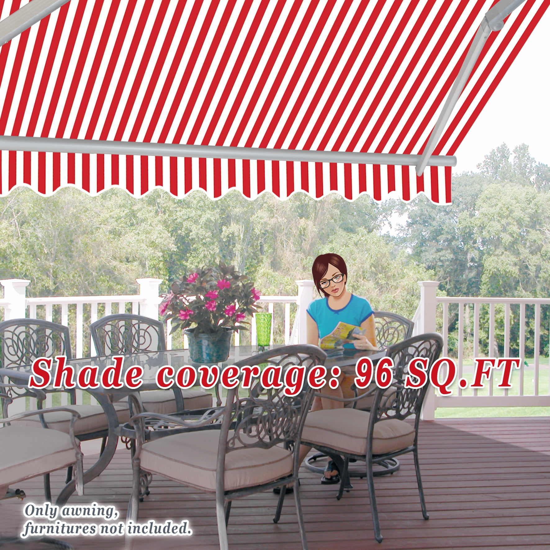 Sunny 12' x 8' Manual Retractable Patio Deck Awning Cover Canopy Sunshade (Red and White)