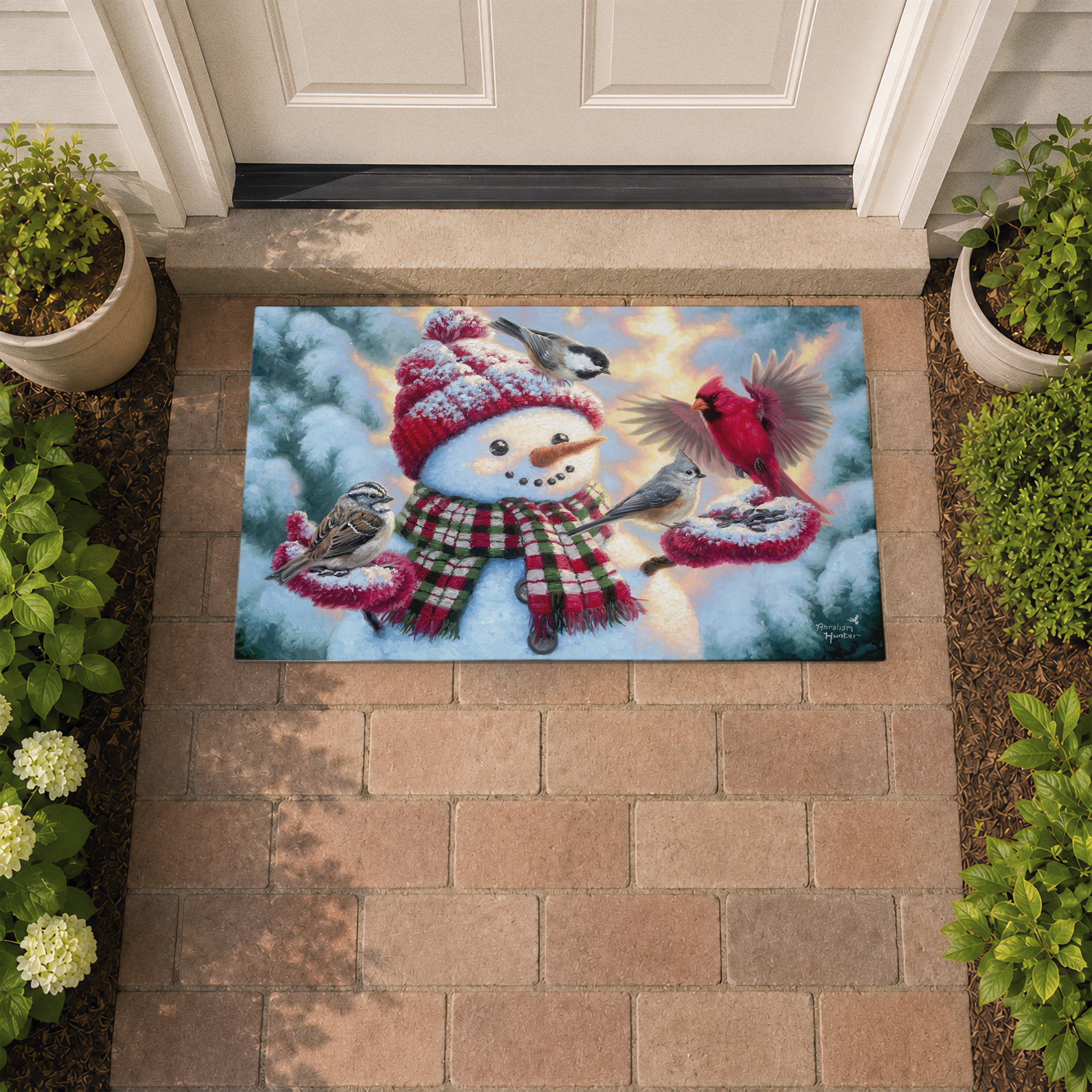Stupell Industries Happy Snowman with Landing Birds Printed Outdoor Door Floor Mat, design by Abraham Hunter