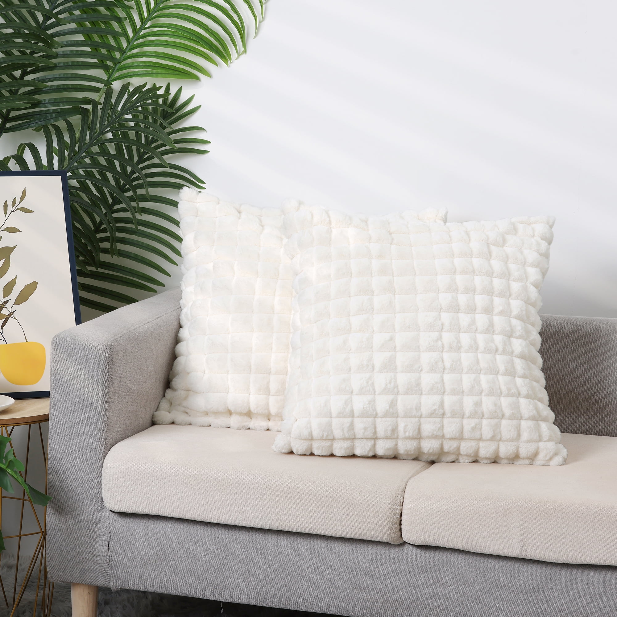 Unique Bargains 4 Pcs Checkered Faux Fur Plush Throw Pillow Covers Home Decor Pillowcases White 20" x 20"