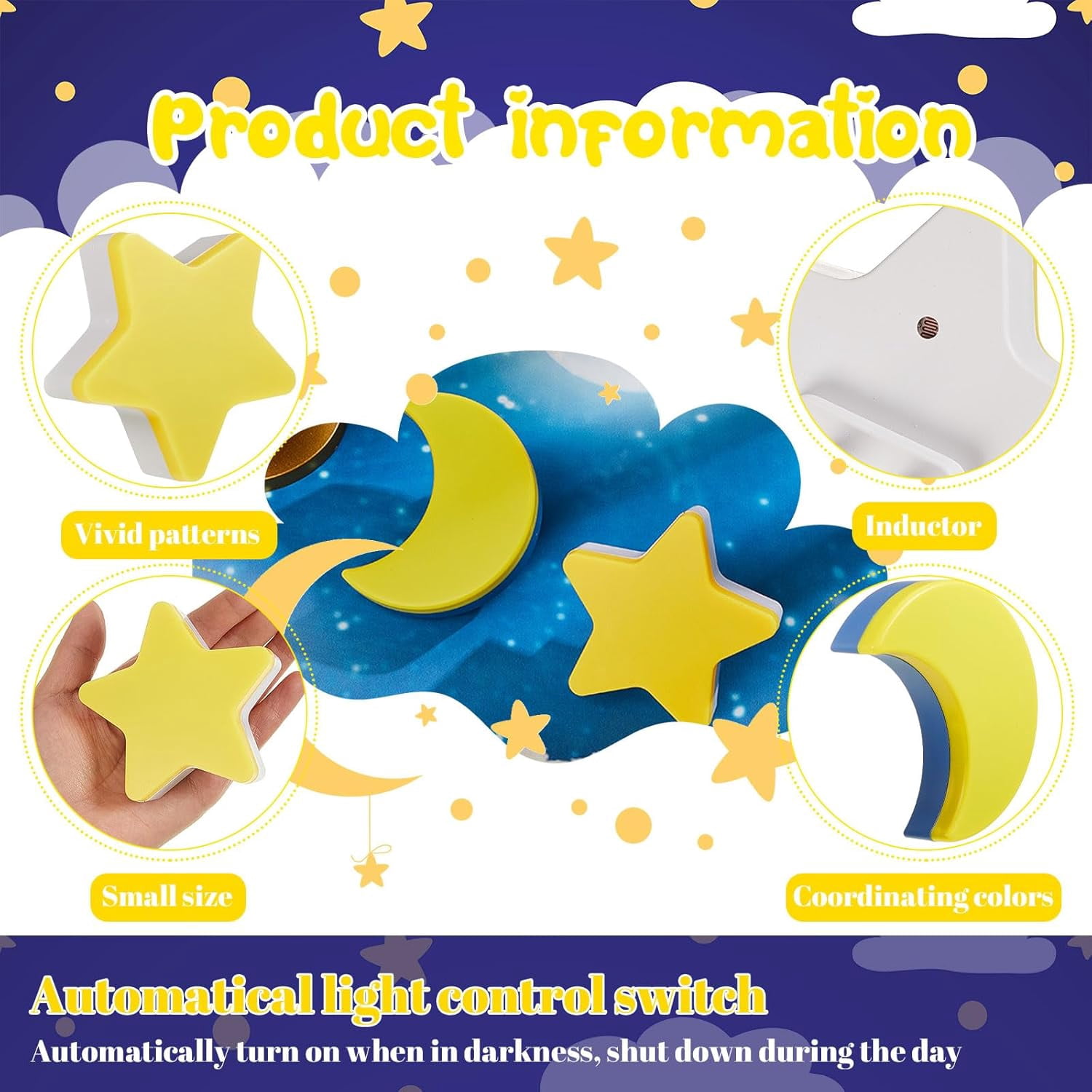 RGHJAR-2 Pack Night Light Plug into Wall Soft LED Night Light Cute Wall Nursery Lamp Warm Sensor Plug-in Intelligent Nightlight for Bedroom Hallway(Star, Moon,Yellow)