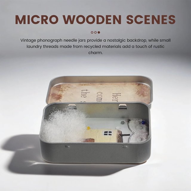 Escena de madera en miniatura en una lata vintage. Diorama de lata único, hecho a mano, para regalar en casa. Lata reciclada.