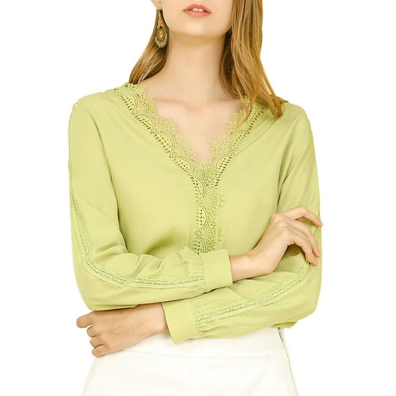 Allegra K Junior's V Neck Blouse Top Patchwork Crochet Lace Shirt