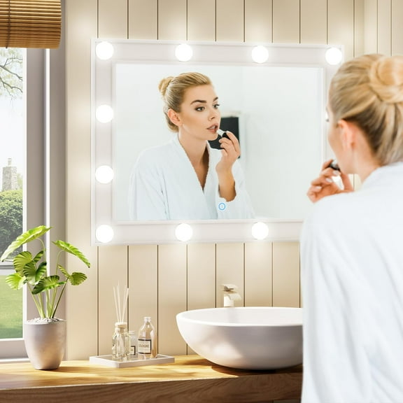 Farmhouse Bathroom Mirror with Lights, 31x23 Inch Rectangular Rustic Wood Frame Wall Mirror, Smart Hollywood Mirror Decorative for Bedroom Bathroom Living Room Entryway, Antique White